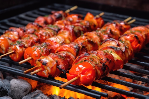 Octopus skewers on a hot flaming grill