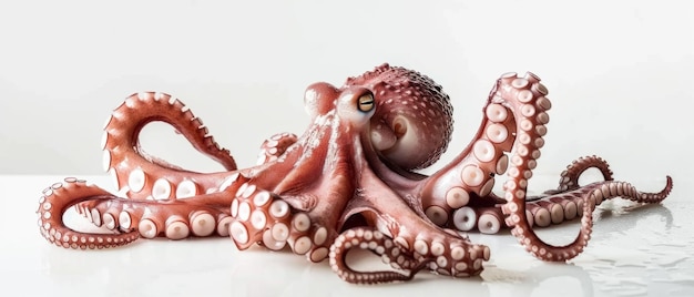 An octopus sprawls with tentacles extended displaying its detailed suction cups and intrigued eye