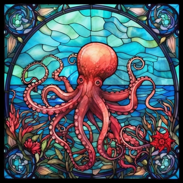 Octopus in stained glass window with sea life and corals generative ai