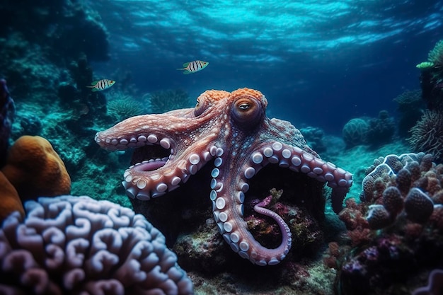해저에서 수영하는 문어 태평양의 야생 자연 속에서 아름다운 수중과 화려한 산호 Ai 생성