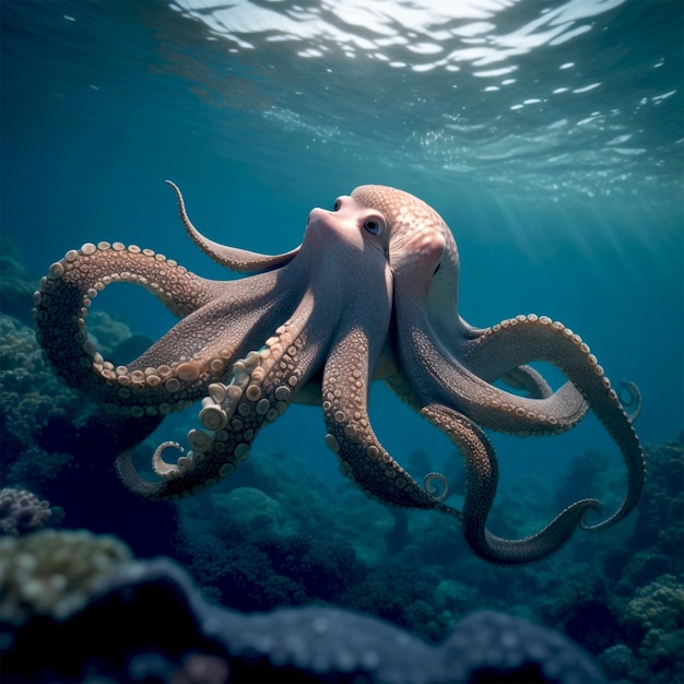 Octopus swims underwater