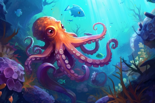 An octopus in a underwater world