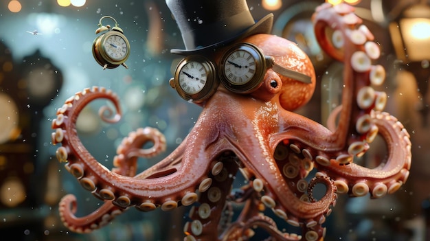 Octopus Wearing Top Hat With Two Clocks