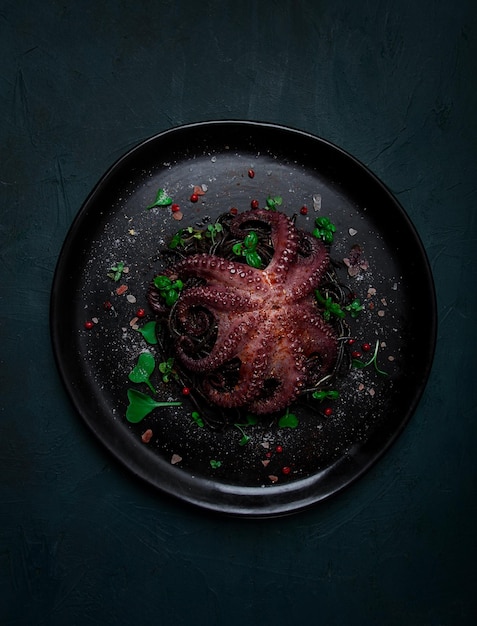 Octopus with black spaghetti pasta spices and herbs top view no people