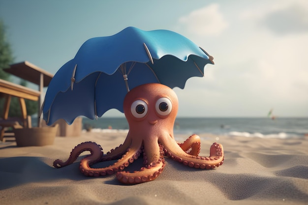 An octopus with a blue umbrella on a beach