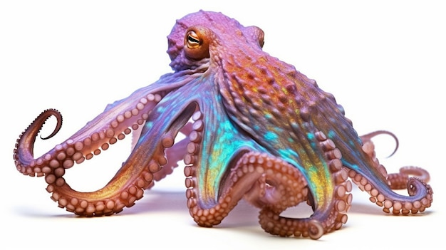 octopus with colorful tentacles on white background with no shadow generative ai