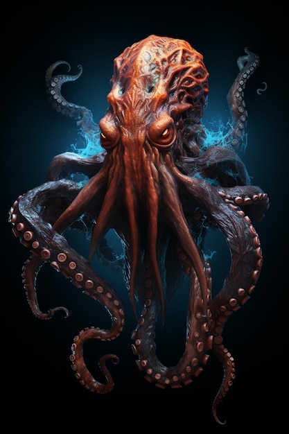 Photo octopus with glowing tentacles and glowing eyes on a dark background generative ai