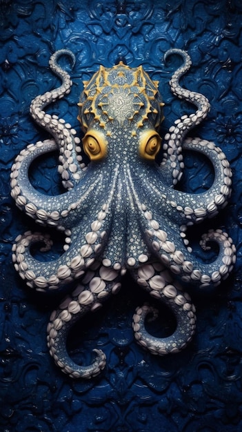 octopus with a gold helmet on its head on a blue surface generative ai