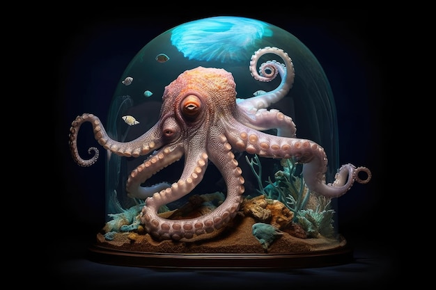 Octopus with Large Eyes Swimming Deep Ocean Water extreme closeup Generative AI