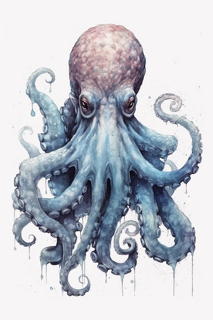 Octopus with a pink head and tentacles in watercolor generative ai