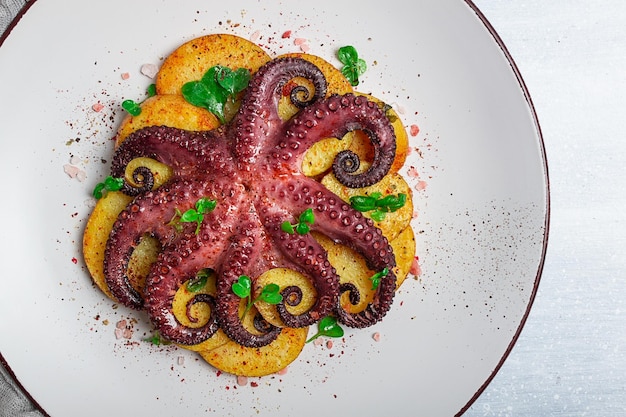 Octopus with potatoes and spices on a light plate top view no people homemade closeup