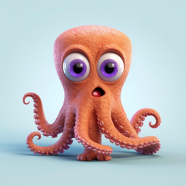 An octopus with purple eyes and purple eyes is on a blue background.