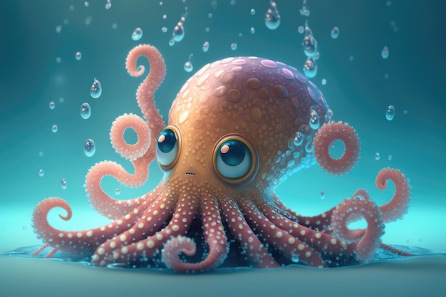 An octopus with a sad face is swimming in the water.