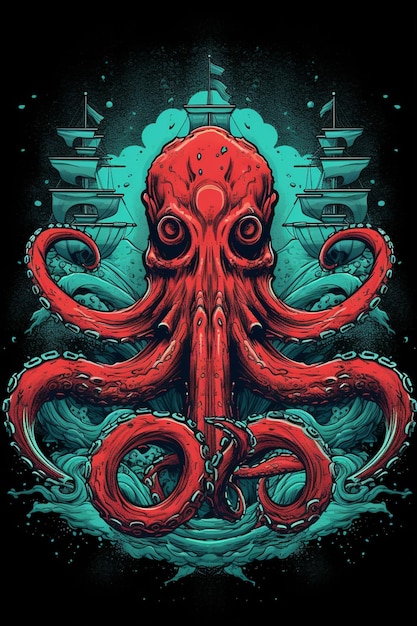 Octopus with a ship in the background generative ai