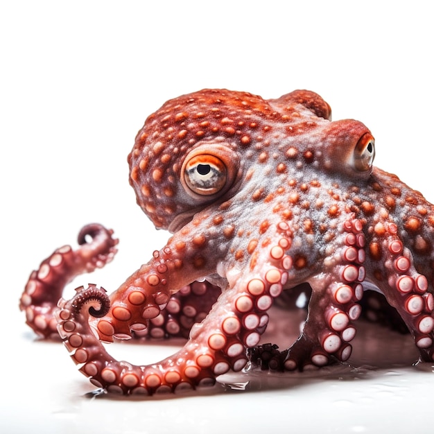 An octopus with a white background and a red eye.