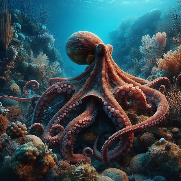 Octopus zwemmen in onderwater zee grote kop en dikke tentakels blauw water ai gegenereerd