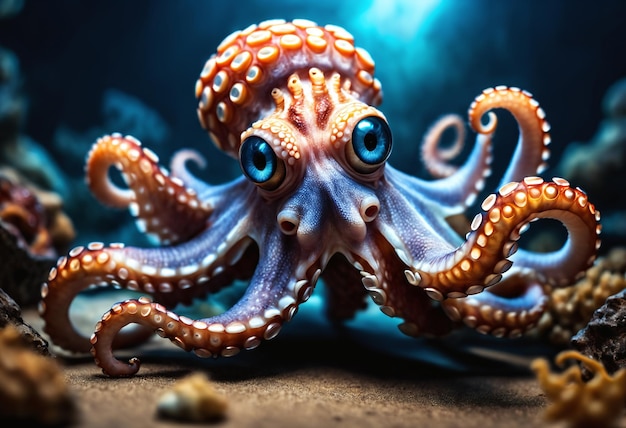 Foto octopus zwermt door een rif in de oceaan generatieve ai