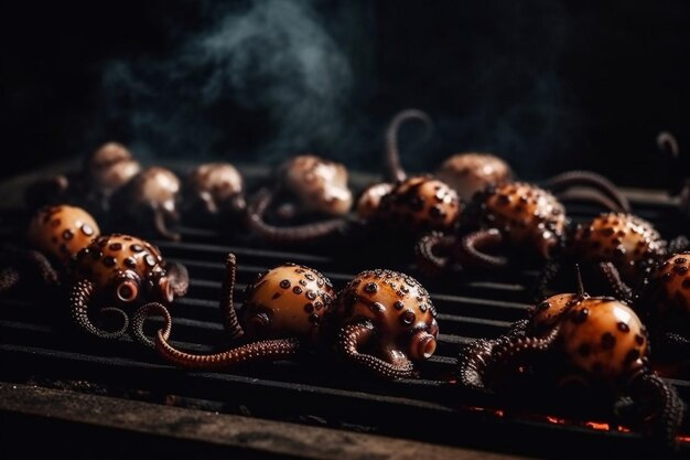 Octopuses on the grill Grilled seafood Smoke fire Cooking octopus Generative AI