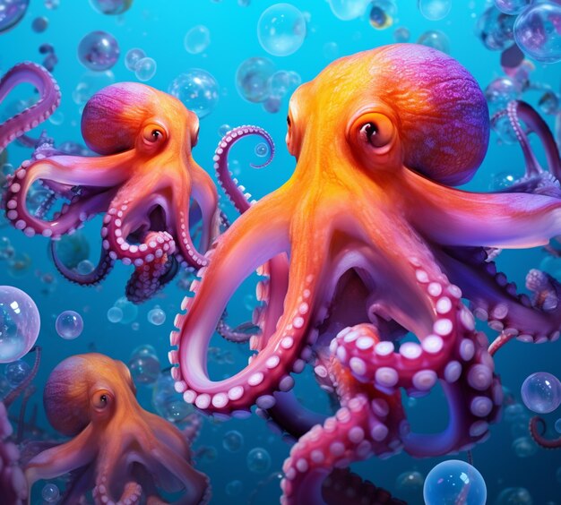 Octopuses in the water with bubbles floating around them generative ai