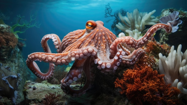 octopussen zwemmen tussen koralen camoufleren en veranderen van kleur