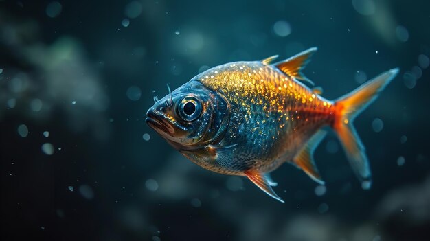 An odd fish swims at depth in the dark Generative Ai