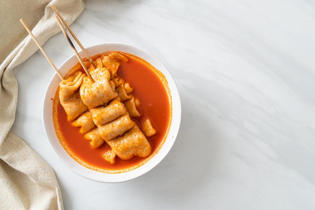 Odeng Korean fish cake skewer in Korean spicy soup