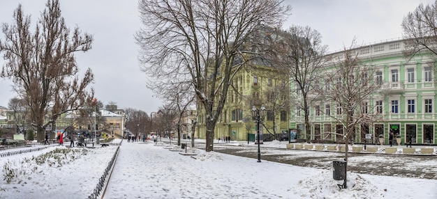 Odessa, Ukraine 30.01.2022. Snowy winter day in Odessa, Ukraine. Deribasovskaya street.