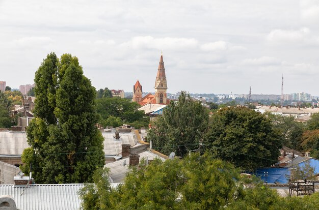 Odessa, Ukraine - Sep. 09, 2018: Aerial view of the roofs and old courtyards of Odessa. View of Odessa from the roof. Buildings of old city