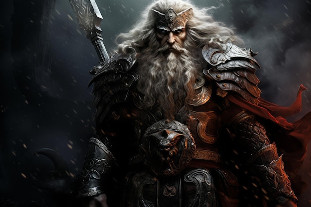 Odin de Noorse god in het majestueuze Walhalla te midden van donderende glorie Generatieve AI