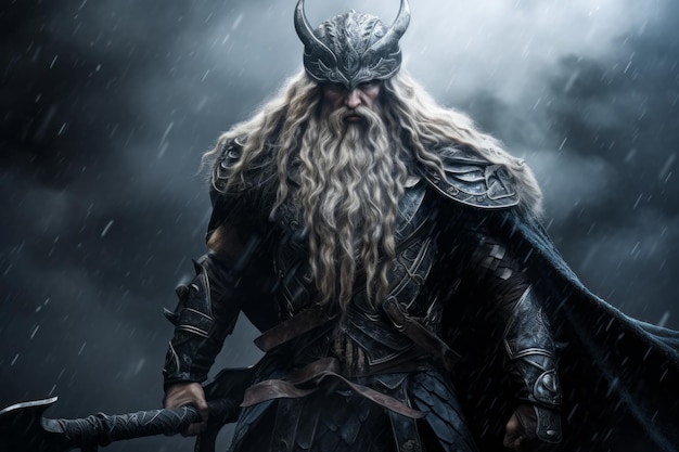 Odin the Norse god in majestic Valhalla amid thunderous glory Generative AI