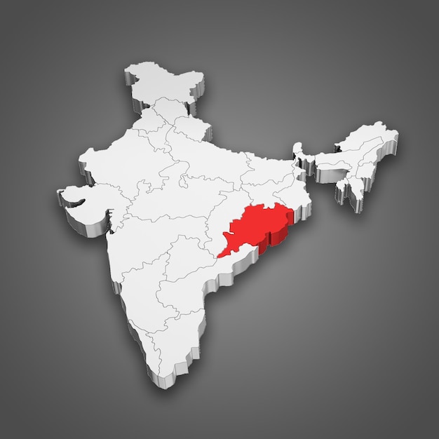Odisha state location within India map 3D Illustration