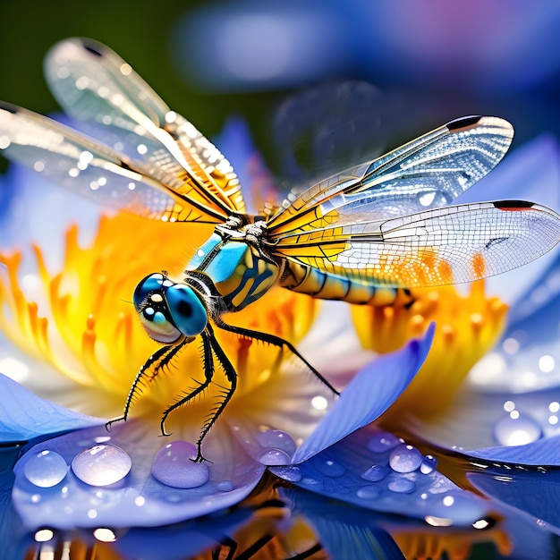 The odonata species insects perching on the wet colorful lotus flower petals