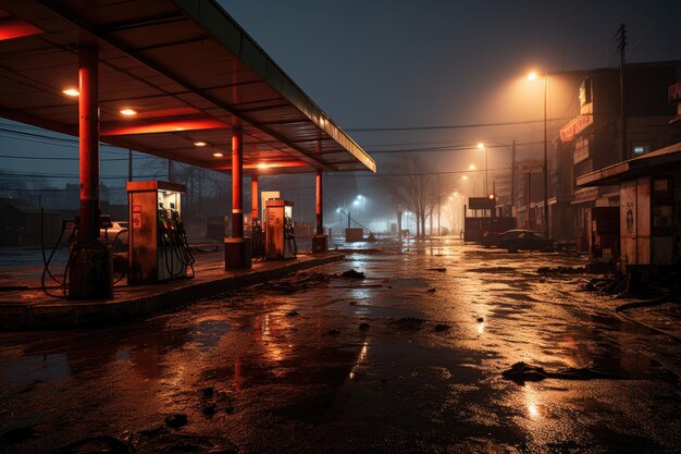 Oedded night gas station on highway generative IA