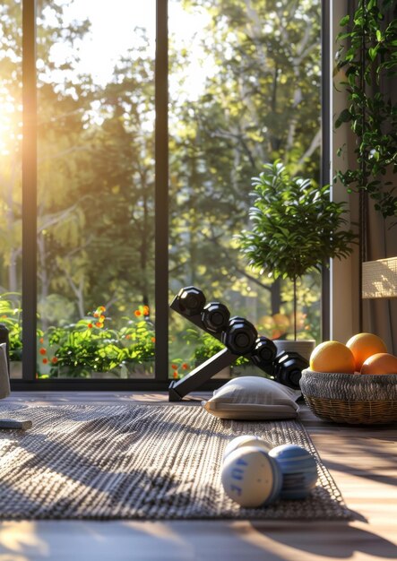 Oefenhoek in het moderne interieur van het huis Matten dumbbells ballen oefenapparatuur