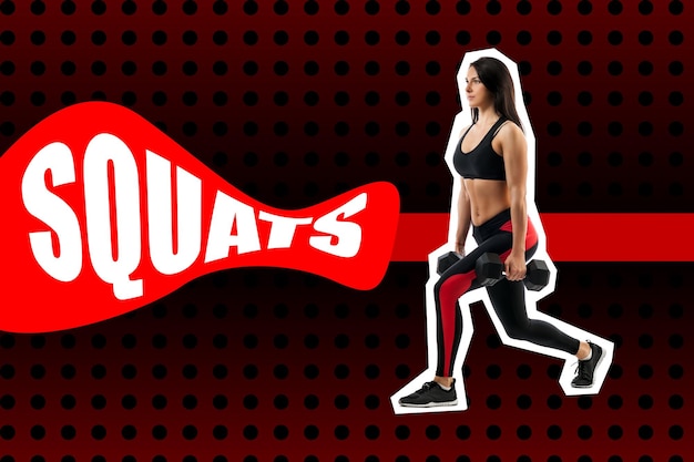 Oefening van squats met gewicht uitgevoerd door een sportvrouw zijaanzicht op een heldere pop-artachtergrond met rode achtergrond in de lichte muziekstijl Sportconcept over het onderwerp Zine-cultuur