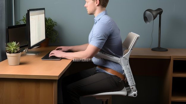 Foto oefeningen voor de correctie van de houding ergonomie van het bureauwerk