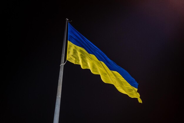 Oekraïense nationale officiële vlag waait op de achtergrond van de nachtelijke hemel