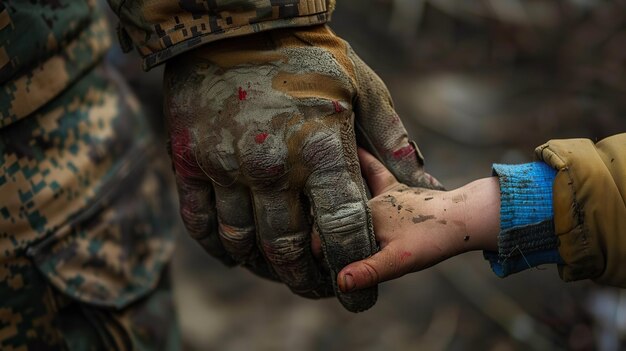 Oekraïense soldaat houdt kleine hand van kind geïsoleerd op de achtergrond