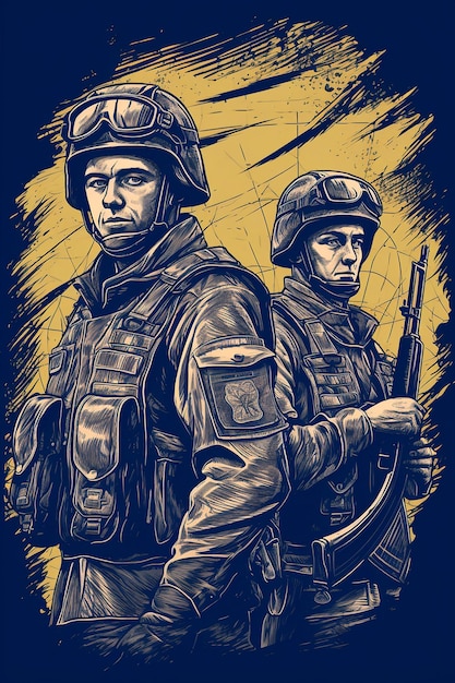 Oekraïense soldaten op een gele en blauwe achtergrond abstracte illustratie Generation AI
