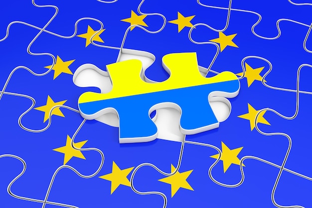 Oekraïne is onderdeel van de europese unie concept één stuk van de oekraïense vlag puzzel over de vlakte van de europese unie vlag puzzel op een witte achtergrond 3d-rendering