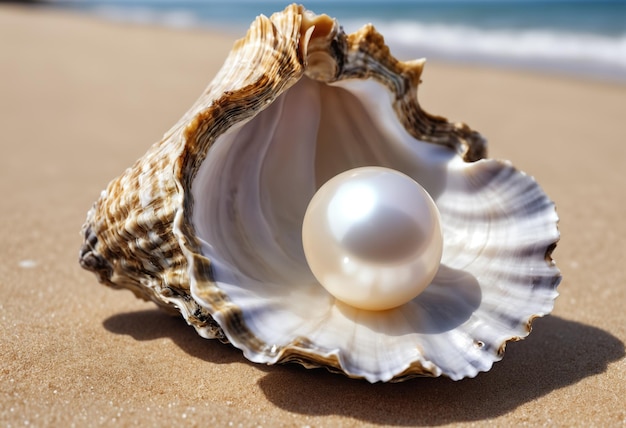 Foto oester schelp met parel erin op een zandstrand generatieve ai