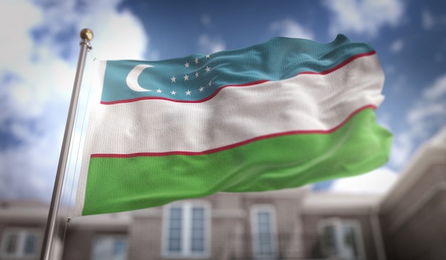 Oezbekistan Flag 3D-rendering op de achtergrond van de blauwe hemel