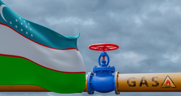 Oezbekistan gasklep op de hoofdgasleiding Oezbekistan Pijpleiding met vlag Oezbekistan Gaspijpen