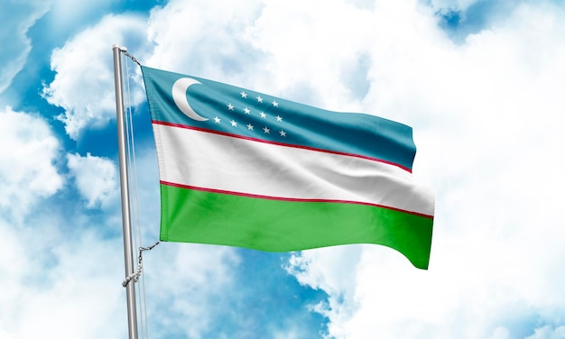 Oezbekistan vlag zwaaien op hemelachtergrond 3D-rendering