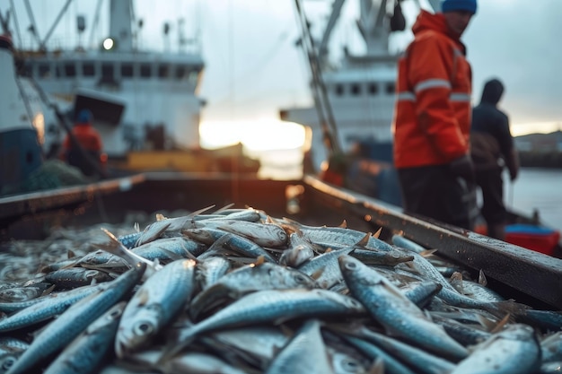 Фото Разгрузка свежевыловленной рыбы tuba в гавани небольшое размытие движения рыболовство в северном океане рыболовная промышленность
