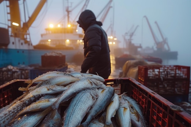 Разгрузка свежевыловленной рыбы Tuba в гавани Небольшое размытие движения Рыболовство в Северном океане Рыболовная промышленность