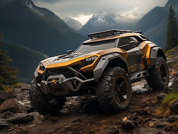 写真 オフロード4x4車両 雨の山のランドマーク