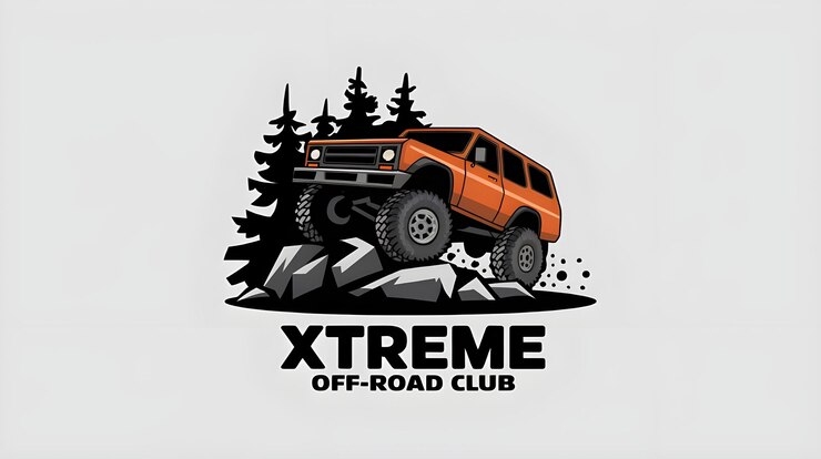 Foto off road club logo oranje suv op rotsen met dennenbomen