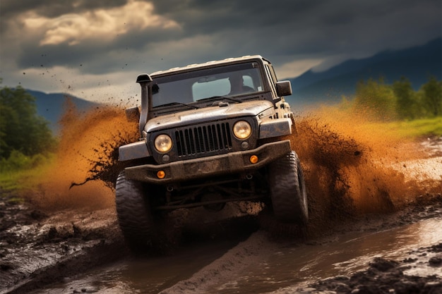 An off road jeep tackles rugged terrain