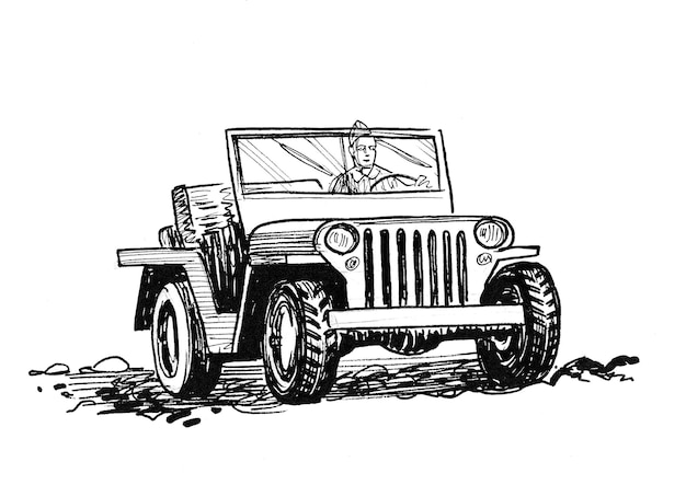 オフロード軍用車両。インク白黒描画